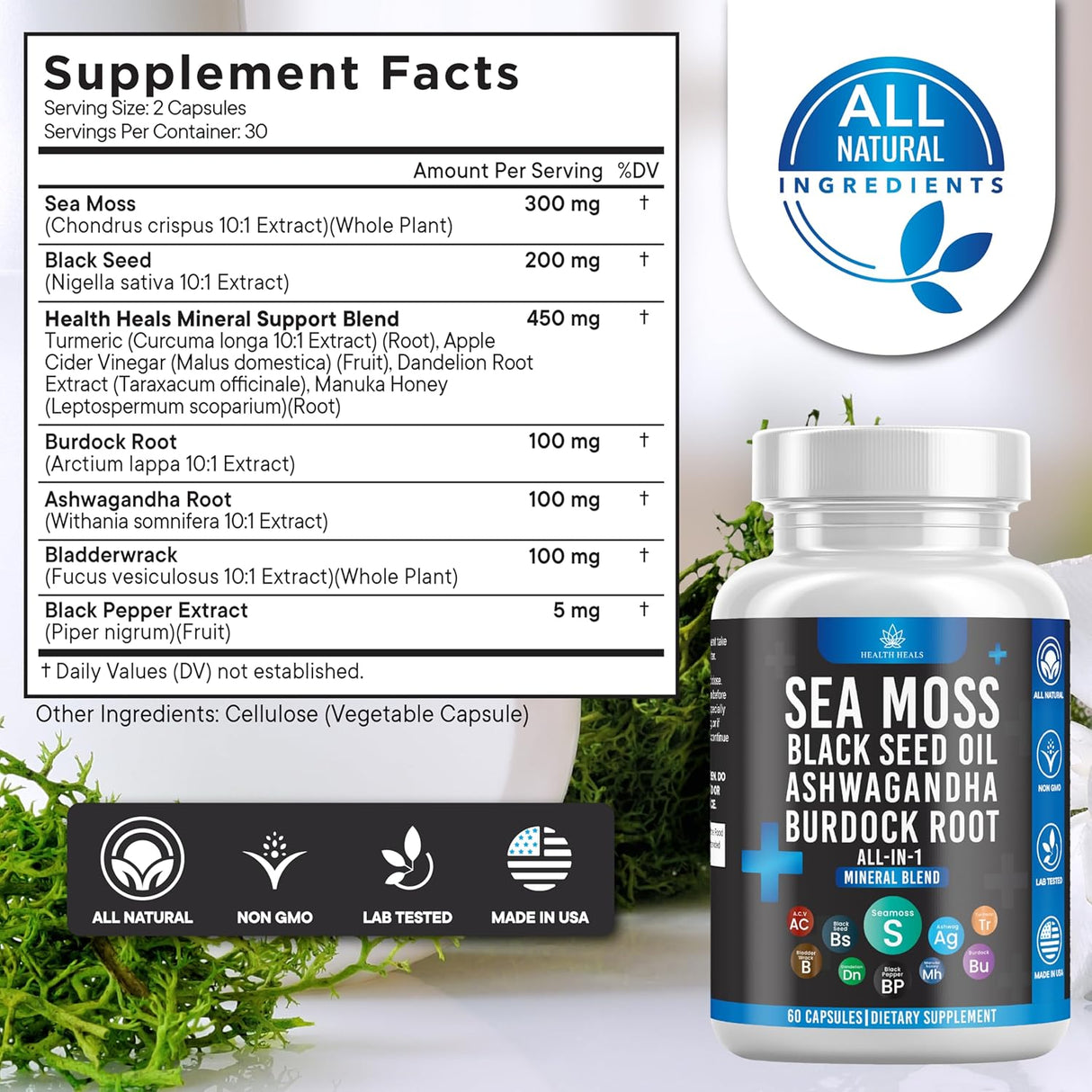 Sea Moss Black Seed Oil Ashwagandha Bladderwrack Burdock - 180 Cápsulas
