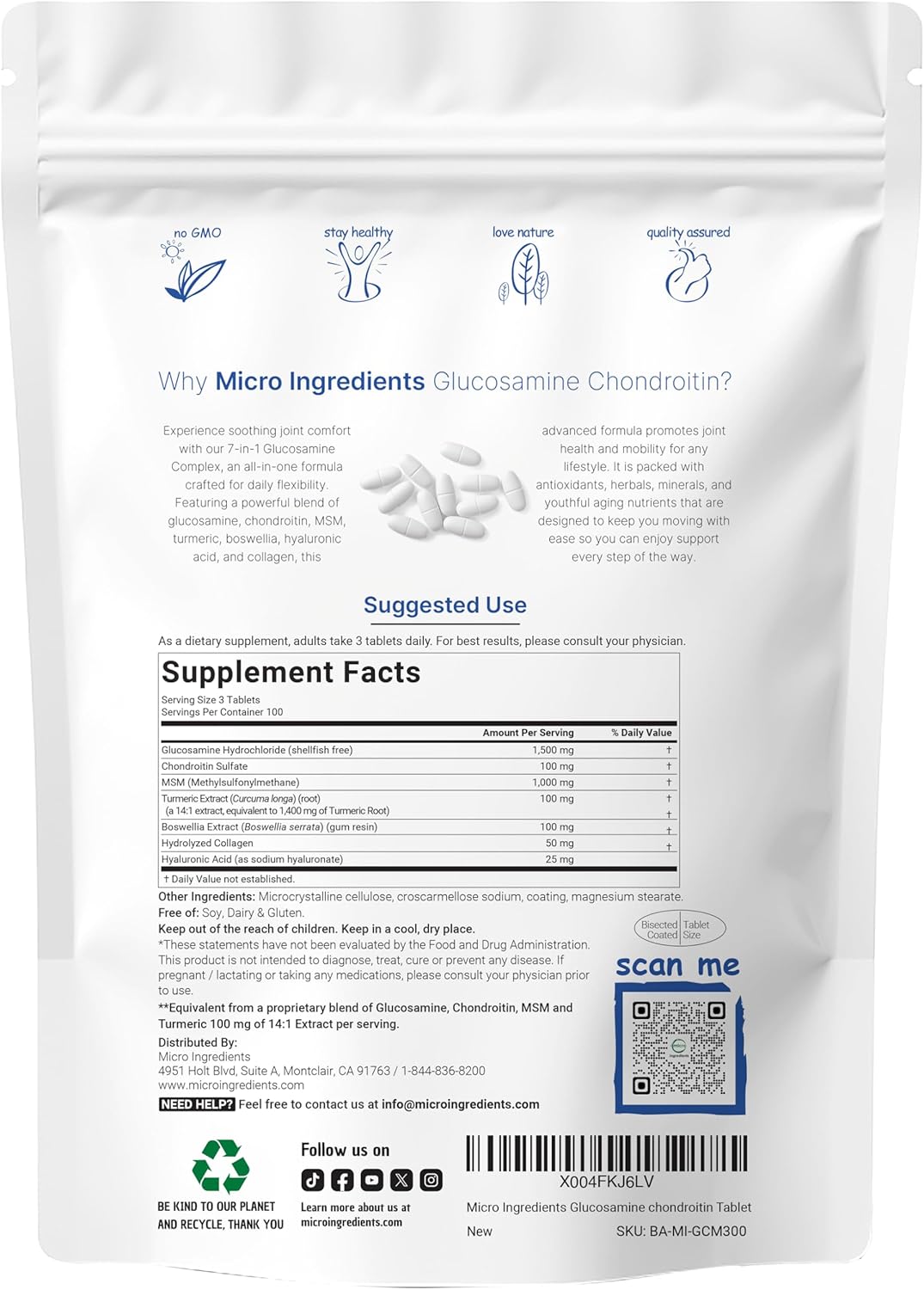 Suplemento de Glucosamina, MSM y Cúrcuma 4,000mg - 300 Tablas