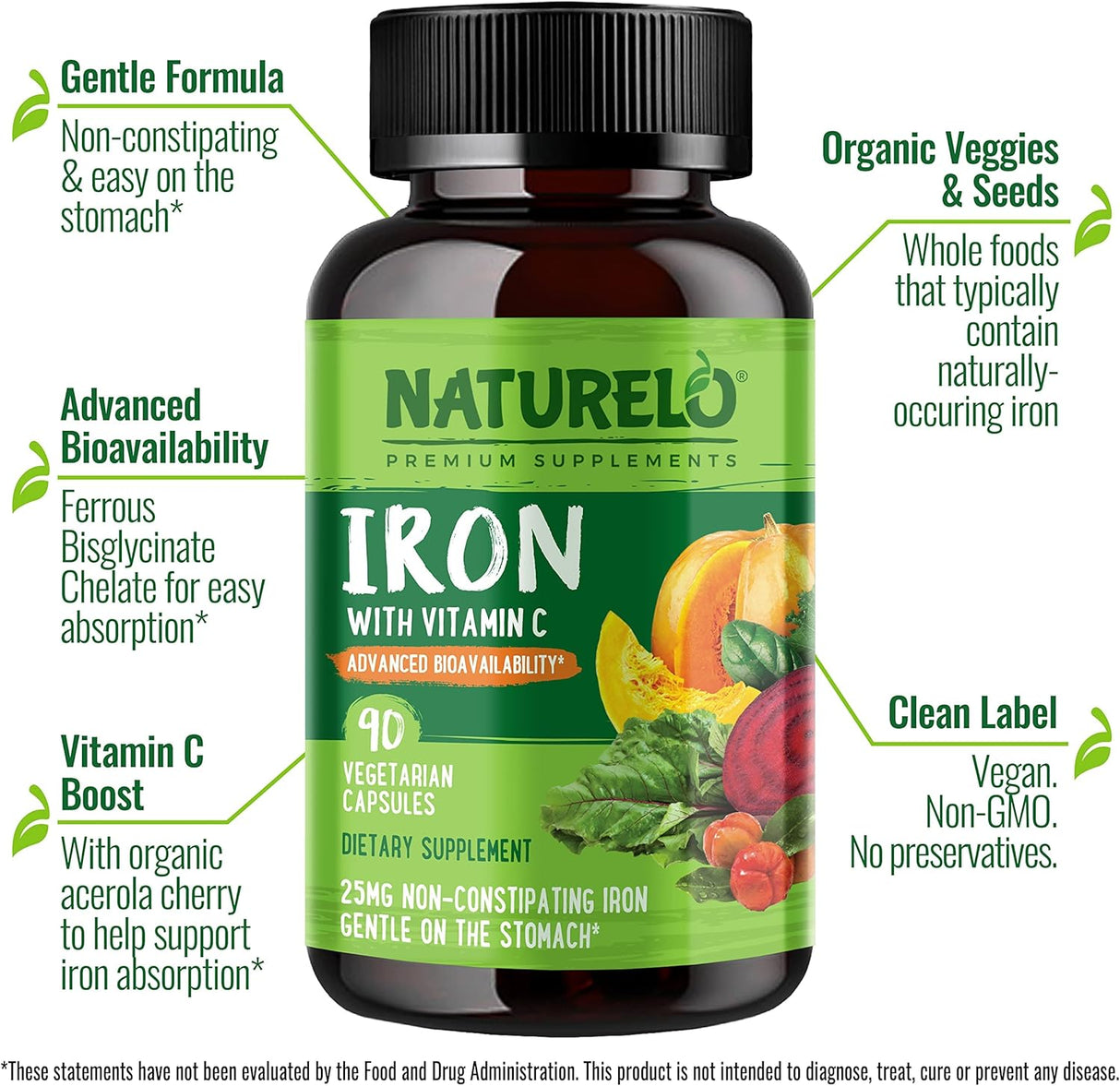 Suplementos Alimenticios de hierro vegano con vitamina C