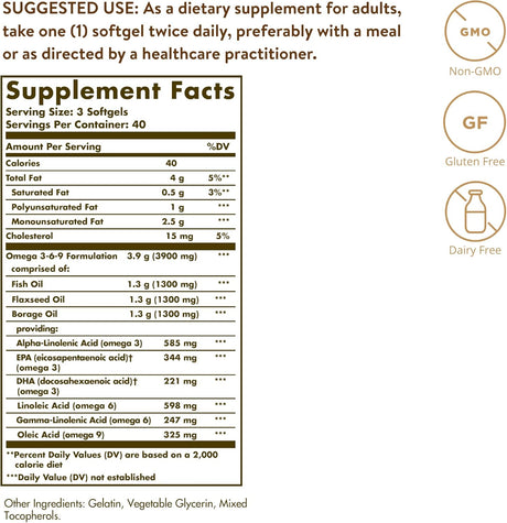 Solgar Omega 3-6-9 1300mg Softgels, Salud Corazón y Piel