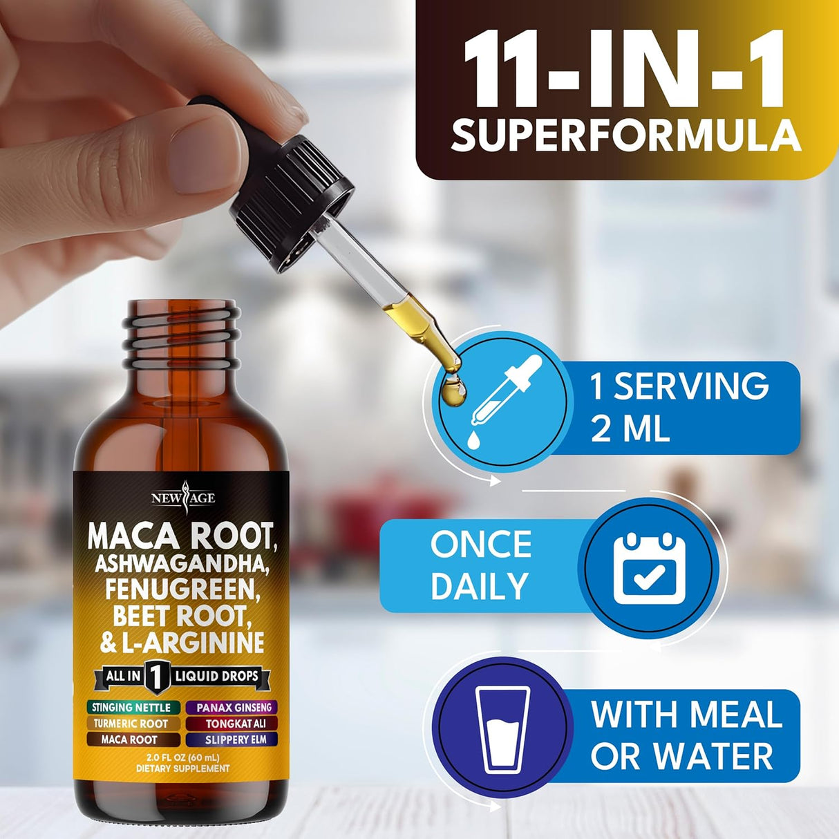Suplemento líquido de maca, ashwagandha, ortiga y más, 2oz