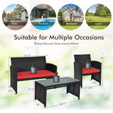 Goplus Juego de muebles de ratán para patio, 4 piezas, juego de sofá y mesa de mimbre para exteriores con cojines suaves y mesa de centro de vidrio templado para balcón, jardín, patio trasero (rojo)