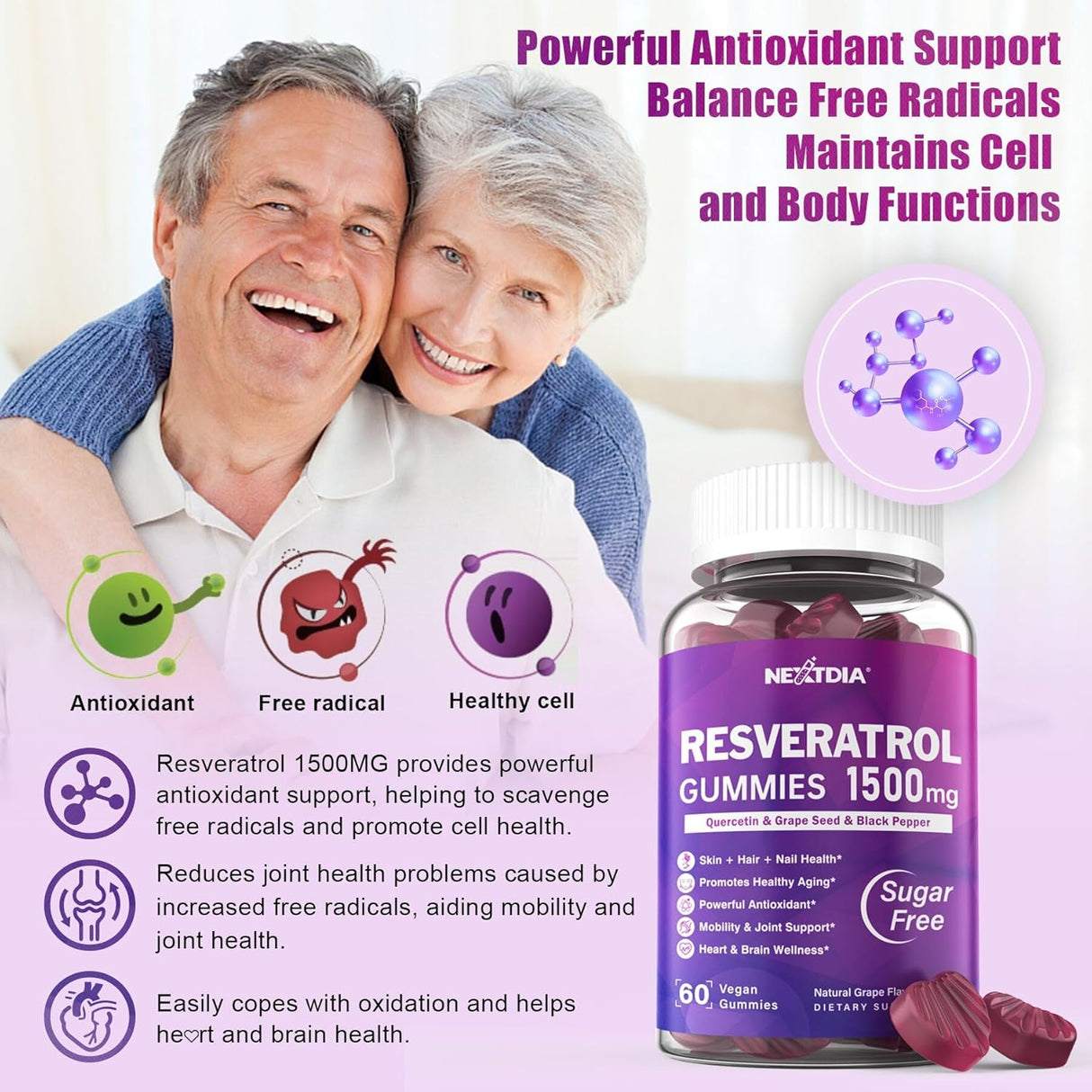 Suplemento Gomitas de resveratrol de 1500 mg  sin azúcar con quercetina