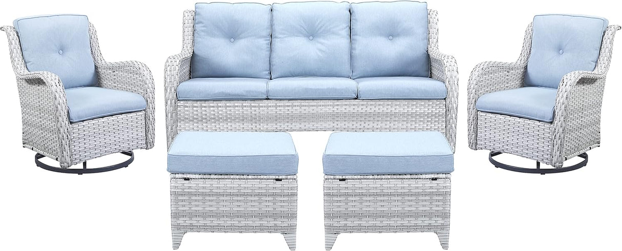 Belord Juego de muebles de patio al aire libre de 5 piezas, muebles de mimbre para conversación, sillas mecedoras giratorias para exteriores con sofá de 3 plazas y 2 otomanas para espacios pequeños, cojín azul bebé