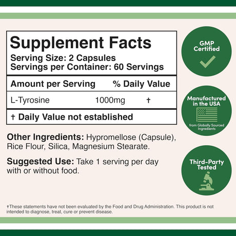 Suplementos  L-tirosina 1,000 mg por porción, 120 cápsulas