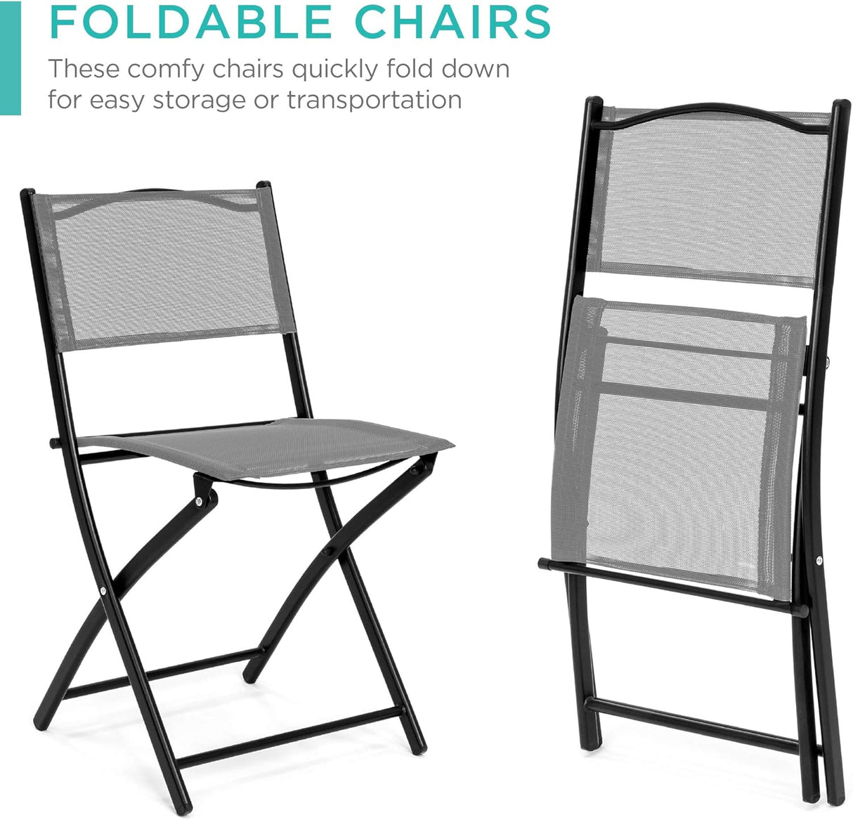 Best Choice Products Juego de muebles de comedor de 3 piezas con mesa de vidrio texturizado, 2 sillas plegables, marco de acero, tela de poliéster, color gris