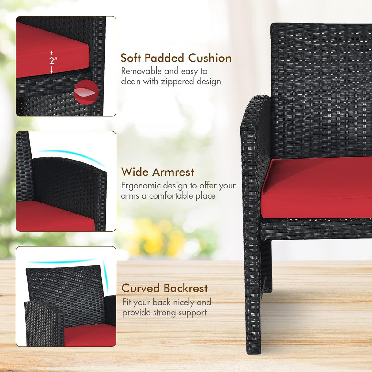 Goplus Juego de muebles de ratán para patio, 4 piezas, juego de sofá y mesa de mimbre para exteriores con cojines suaves y mesa de centro de vidrio templado para balcón, jardín, patio trasero (rojo)