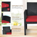 Goplus Juego de muebles de ratán para patio, 4 piezas, juego de sofá y mesa de mimbre para exteriores con cojines suaves y mesa de centro de vidrio templado para balcón, jardín, patio trasero (rojo)