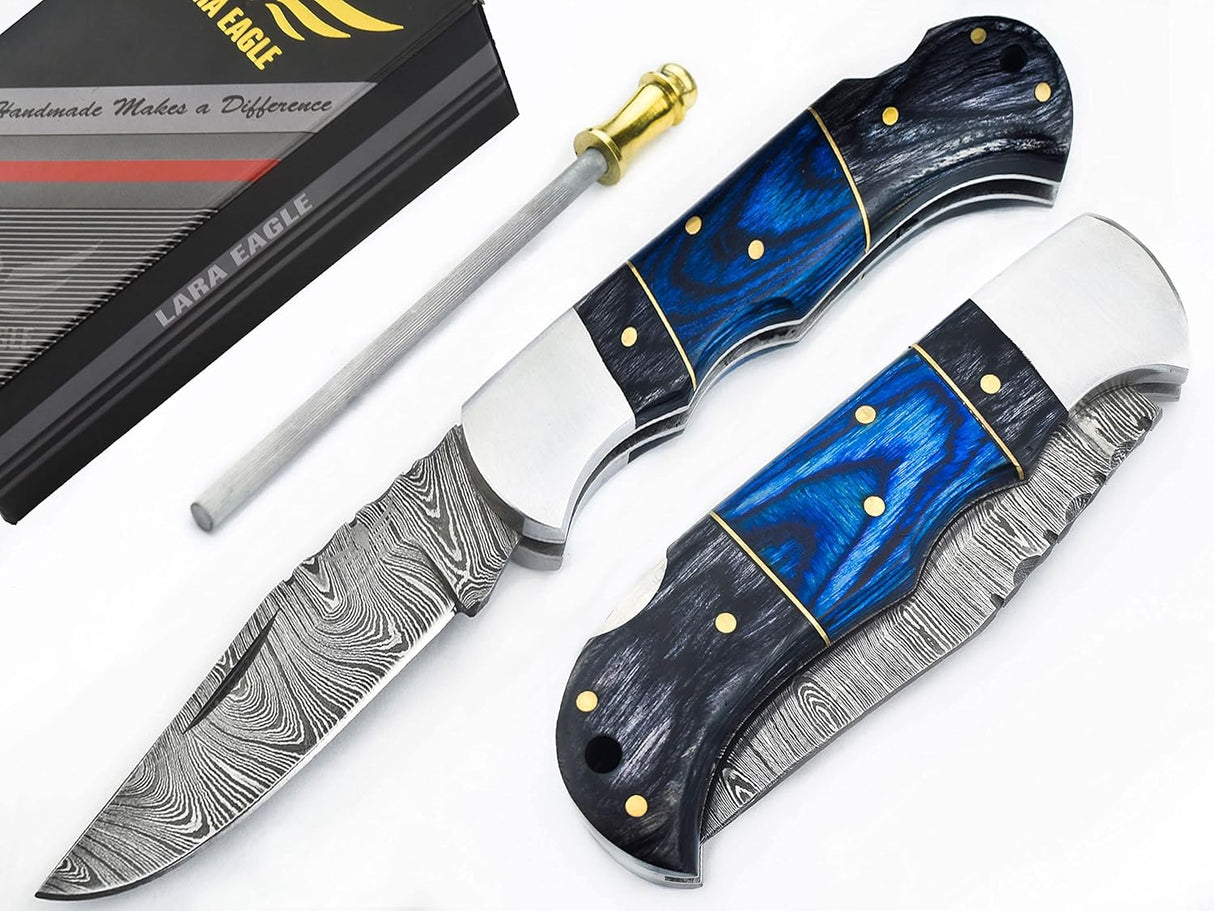 Cuchillo de bolsillo de Damasco para hombre azul