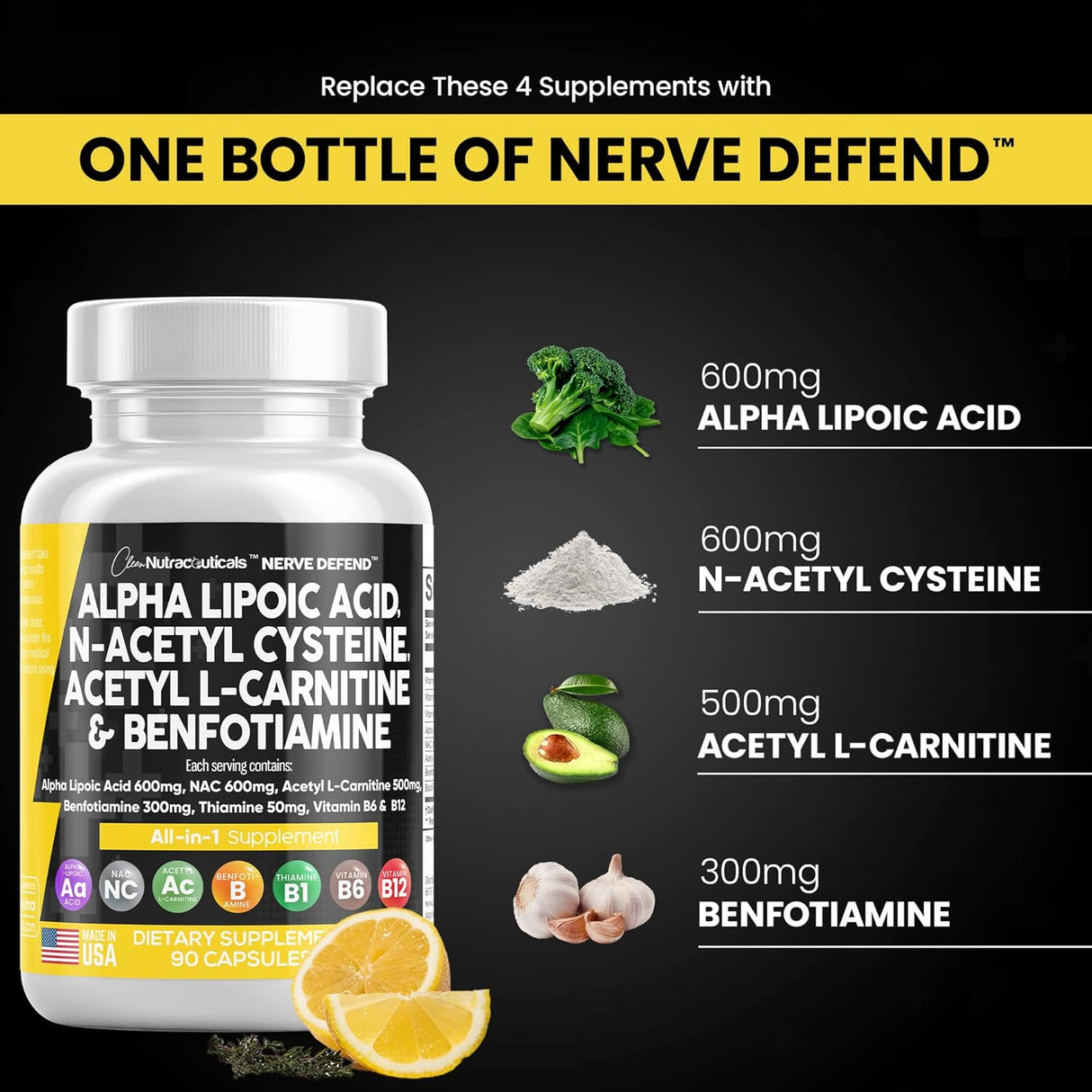 Suplemento Nerve Support 600mg - 90 Caps - Hecho en EE. UU.