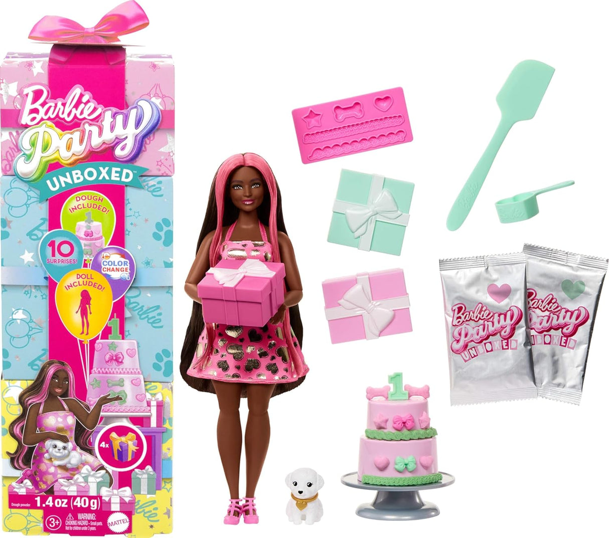 Barbie Party Muñeca y Accesorios, Serie Cumpleaños, 10 Sorpresas
