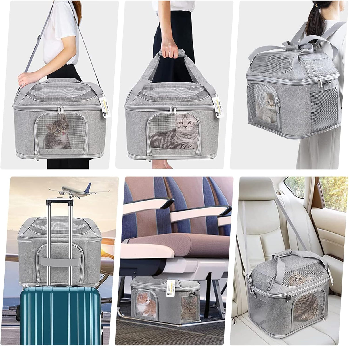 Transportín para 2 Gatos, Aprobado por TSA, Plegable, 20 lbs