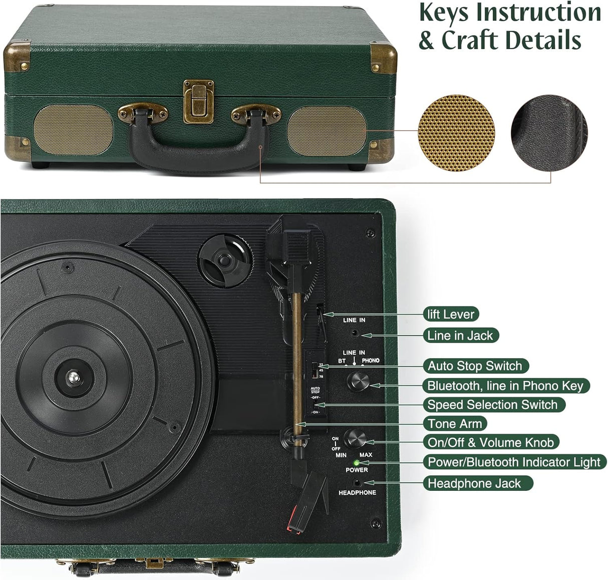 Reproductor de Vinilo Portátil 3 Velocidades con Bluetooth