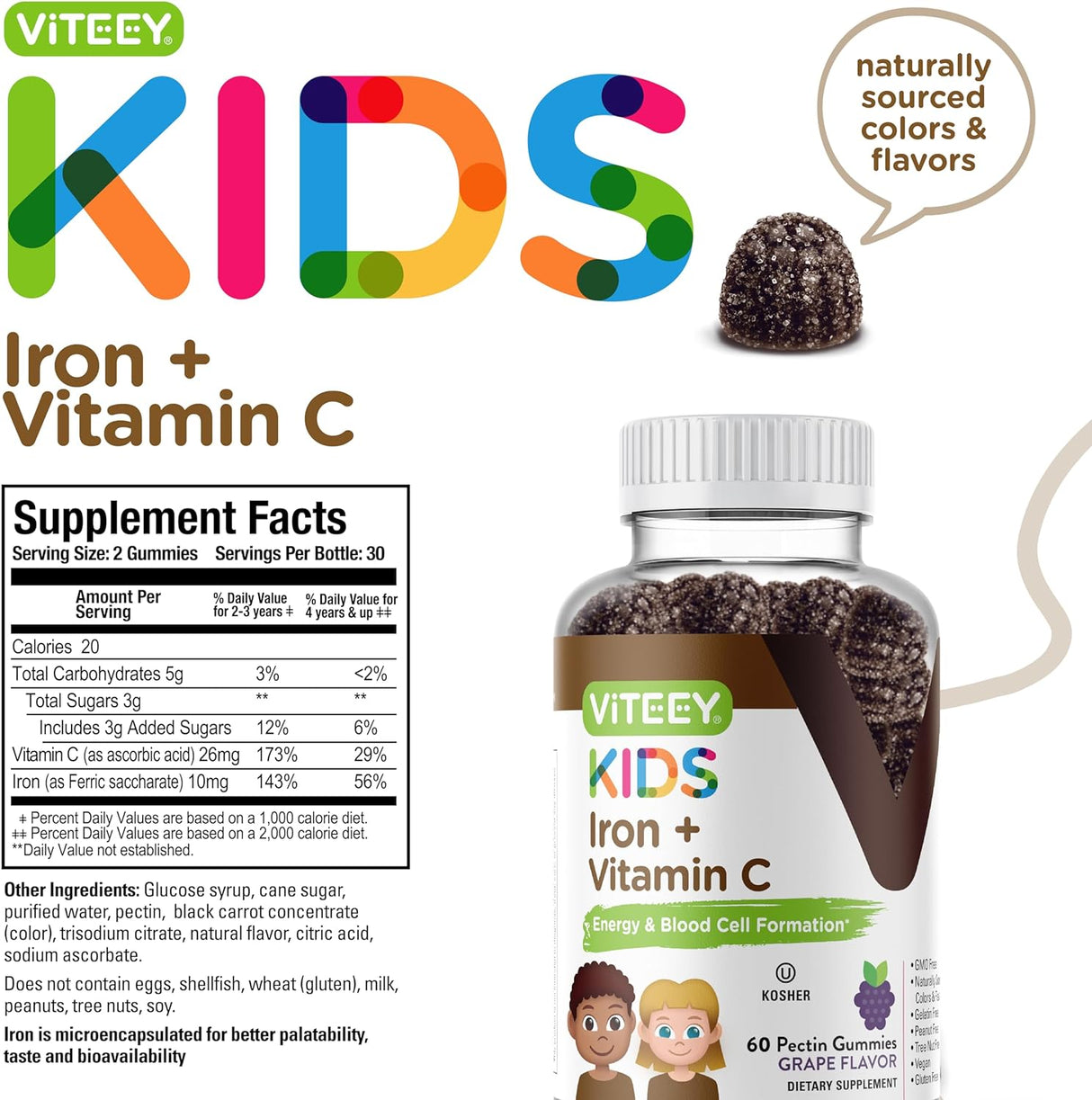 Gomitas de Hierro y Vitamina C para Niños - Veganas, Sin Gelatina