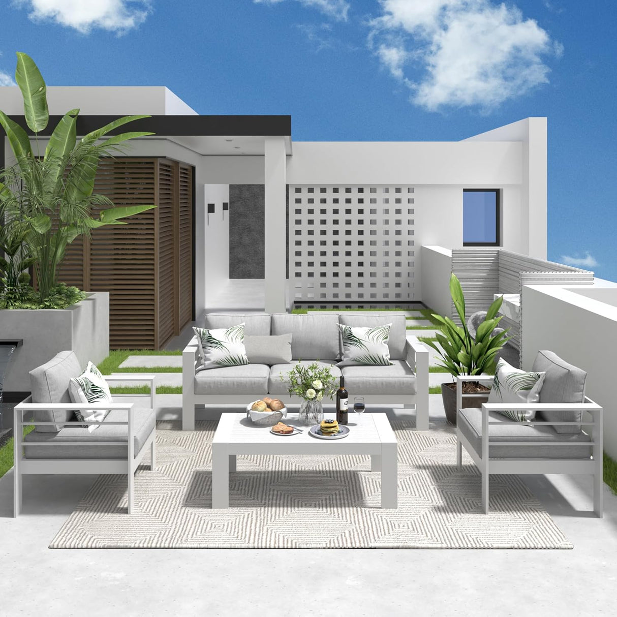 Solaste Juego de muebles de aluminio para patio, 4 piezas, moderno juego de conversación al aire libre, sofá con cojín mejorado y mesa auxiliar, color blanco