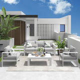 Solaste Juego de muebles de aluminio para patio, 4 piezas, moderno juego de conversación al aire libre, sofá con cojín mejorado y mesa auxiliar, color blanco