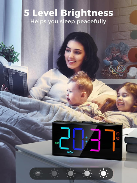 Reloj Despertador Digital RGB, Números Grandes, USB, Ajustable
