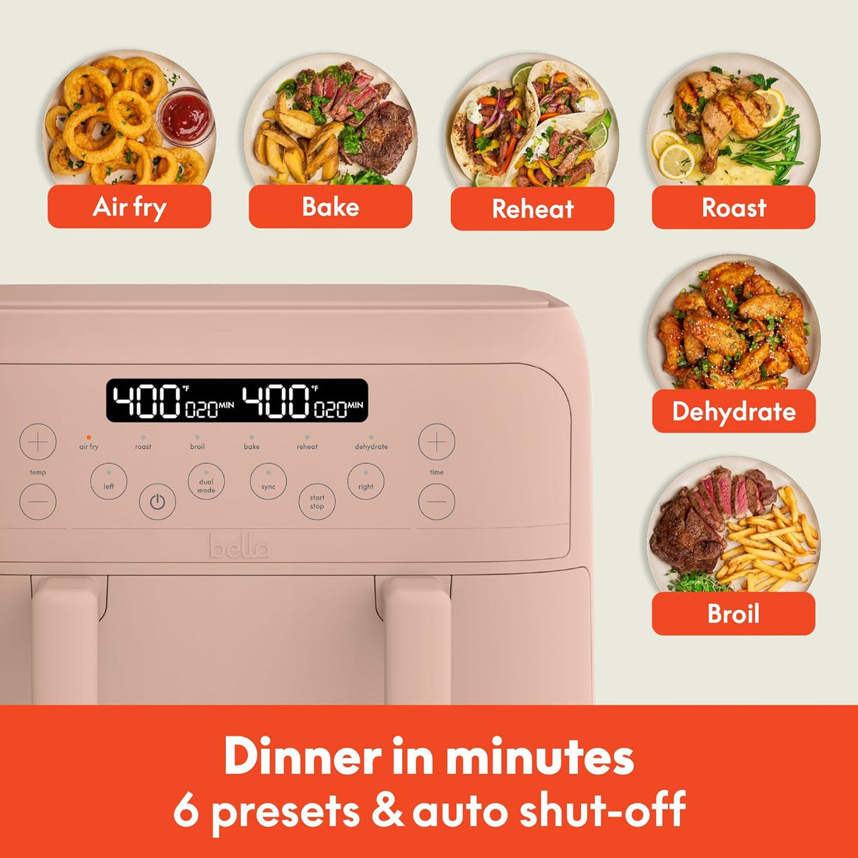 Freidora de aire Bella 4 Qt, 1200W, 3lb, 6 opciones, TriZone
