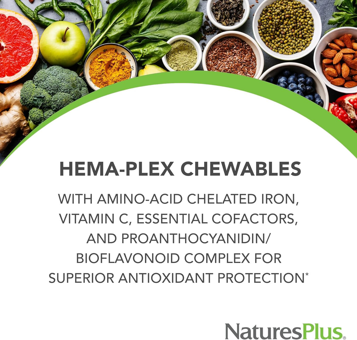 NaturesPlus Hema-Plex Iron - 60 masticables de bayas mixtas - 85 mg de hierro elemental - Salud total de la sangre - con vitamina C y bioflavonoides - Vegano, sin gluten - 20 porciones