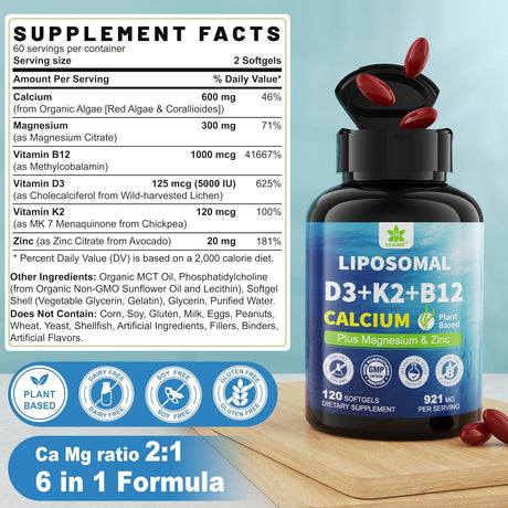 Suplemento de Calcio 6 en 1 - Vegano, 600mg, D3 K2, 1 Pack