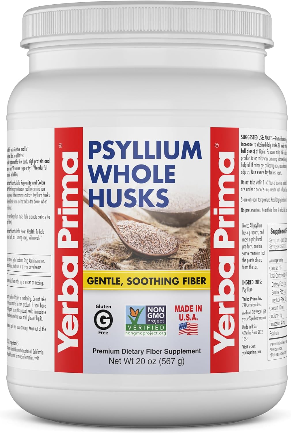 Suplemento de fibra Psyllium Yerba Prima - 20oz, vegano y sin gluten