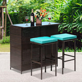FDW Juego de 3 piezas de muebles de patio y bar, juego de muebles de mimbre con dos taburetes para patio, balcón, cojín azul