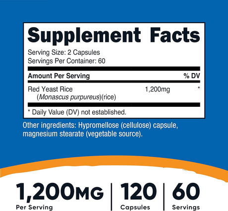 Suplemento Nutricost Arroz de levadura roja 1200 mg, 120 cáp