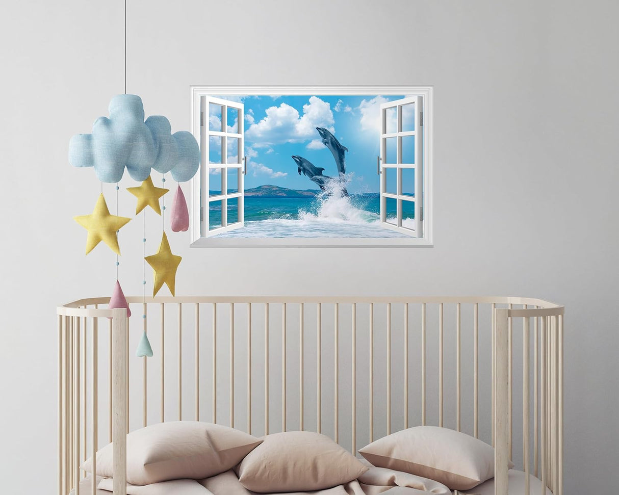 Adhesivo de pared falso para ventana, mural de delfines