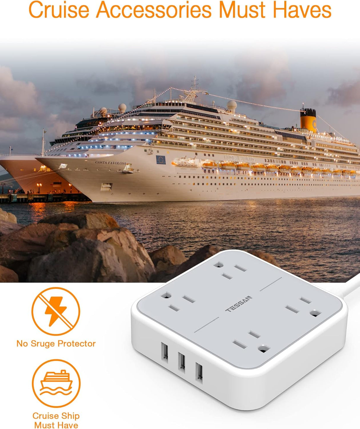Tessan  Regleta con 3 puertos USB, cable de extensión de 5ft