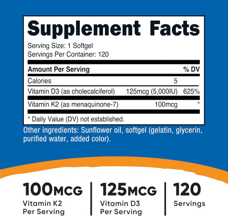 Nutricost K2 MK7+D3 120 Softgels Sin Gluten Non-GMO