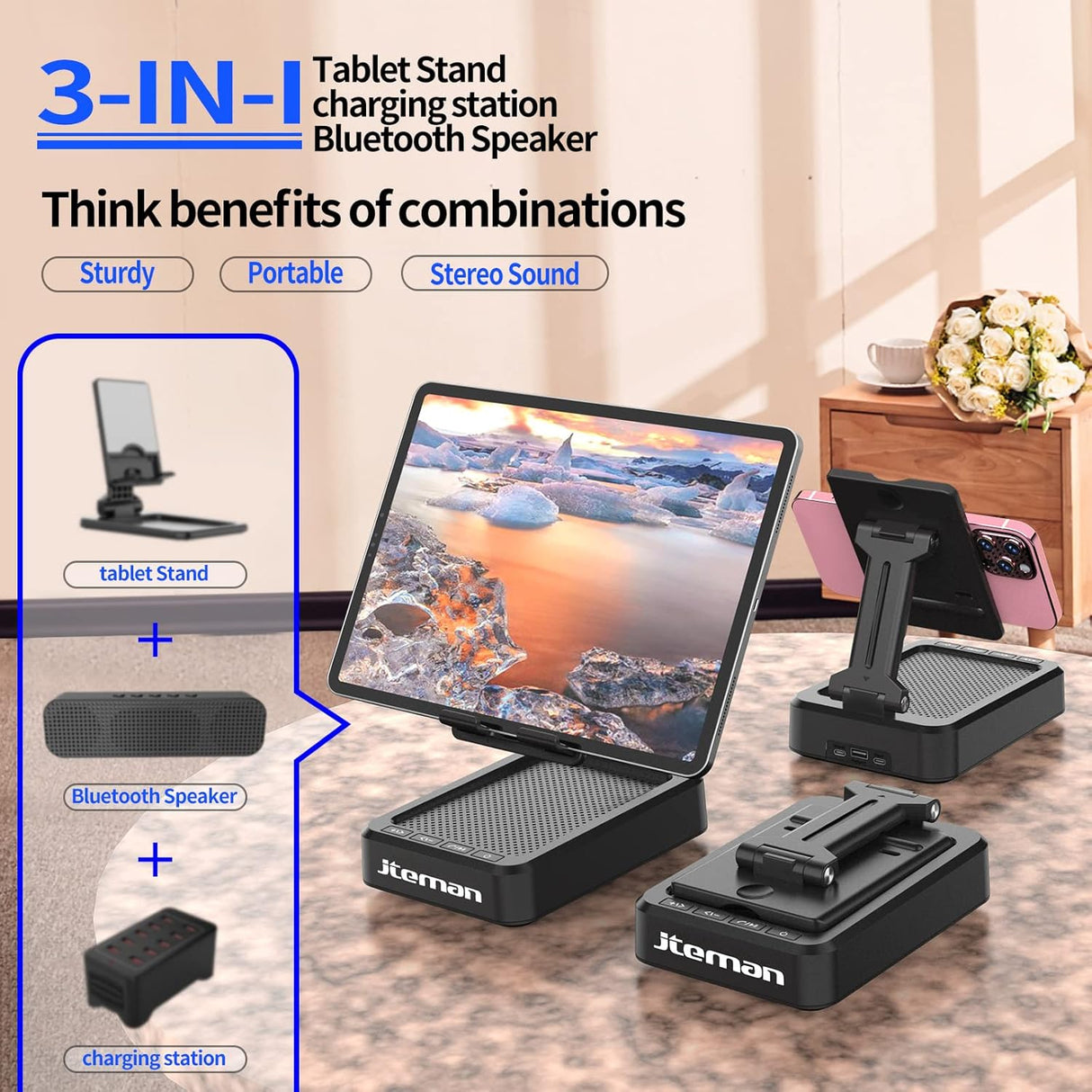 Soporte para tablet ajustable con altavoces Bluetooth