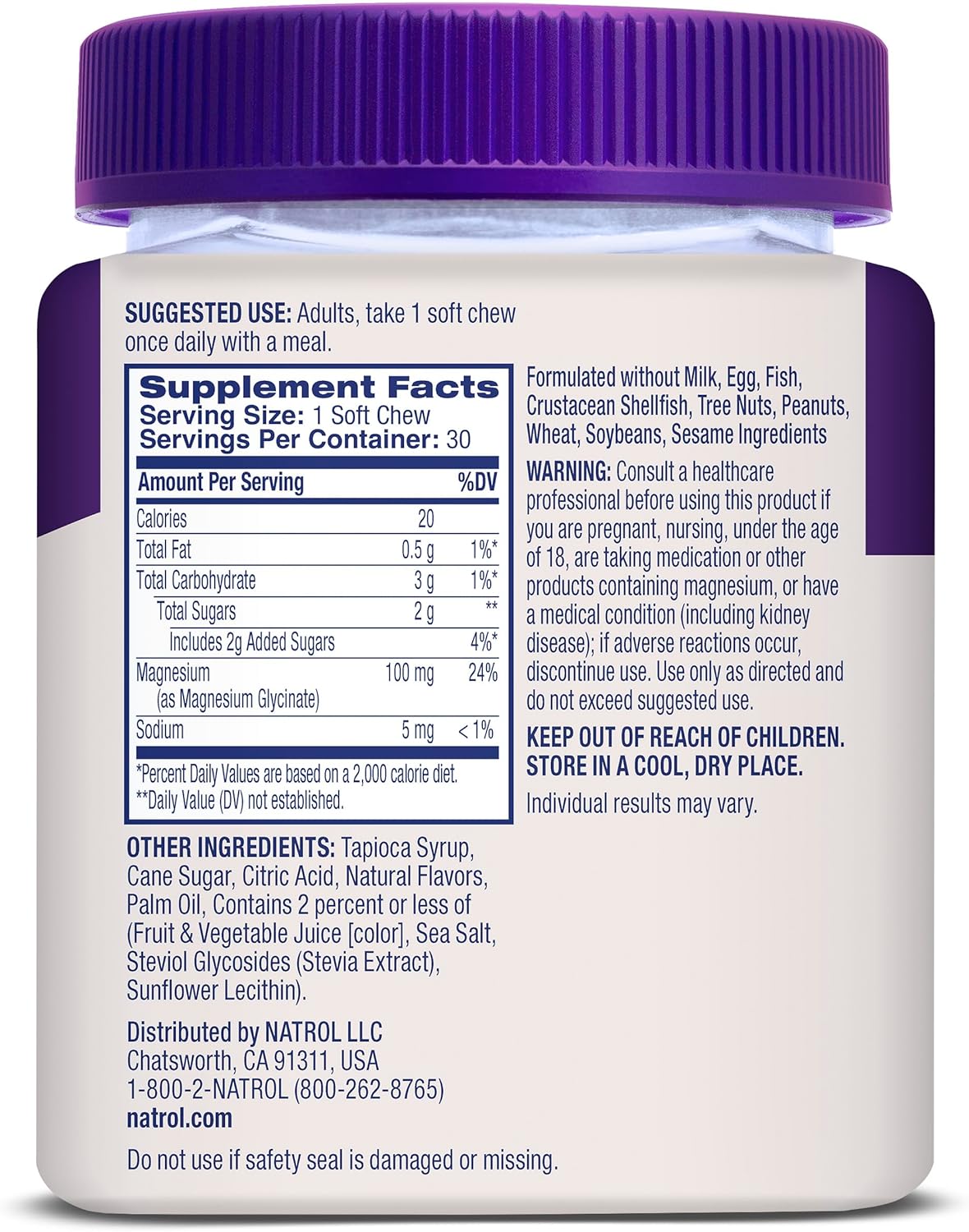 Suplementos de Magnesio Glycinate Natrol 100mg, 30 días