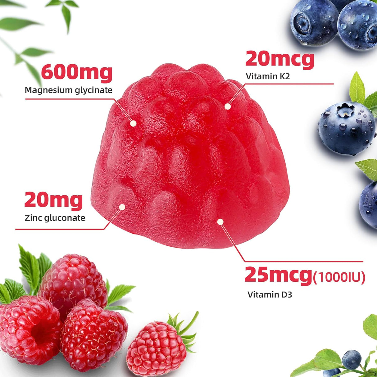Gomitas de Magnesio Glycinate 600mg, 90u, Sin Azúcar
