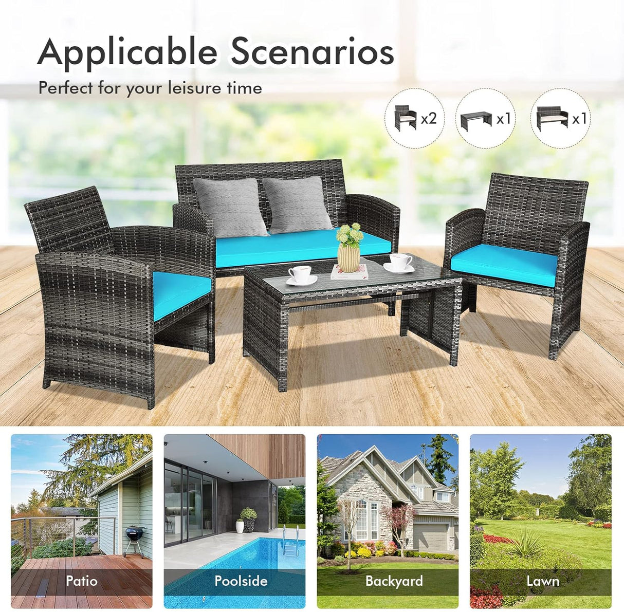 Goplus Juego de muebles de ratán de 4 piezas, sofá de conversación de mimbre para exteriores con cojines resistentes a la intemperie y mesa de vidrio templado para césped, patio, piscina, jardín (turquesa)