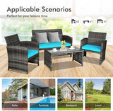 Goplus Juego de muebles de ratán de 4 piezas, sofá de conversación de mimbre para exteriores con cojines resistentes a la intemperie y mesa de vidrio templado para césped, patio, piscina, jardín (turquesa)