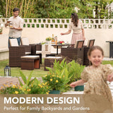 Devoko Juego de comedor para patio al aire libre, sillas de ratán con mesa de cristal para patio, conjunto de muebles acolchados de limpieza y respaldo con conversación seccional.