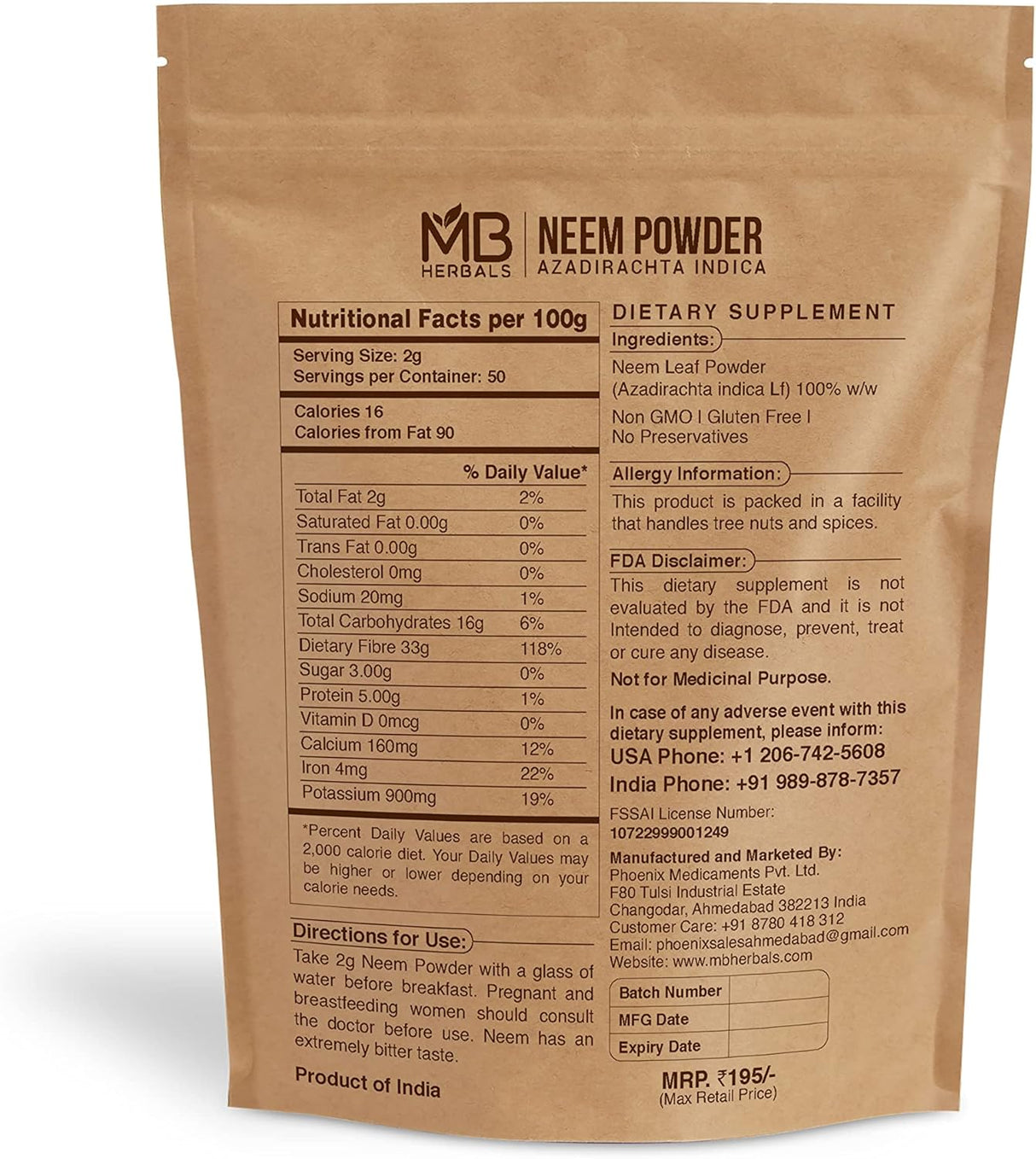 Suplemento Polvo puro de hoja de neem de 3.53 oz/3.5 onzas