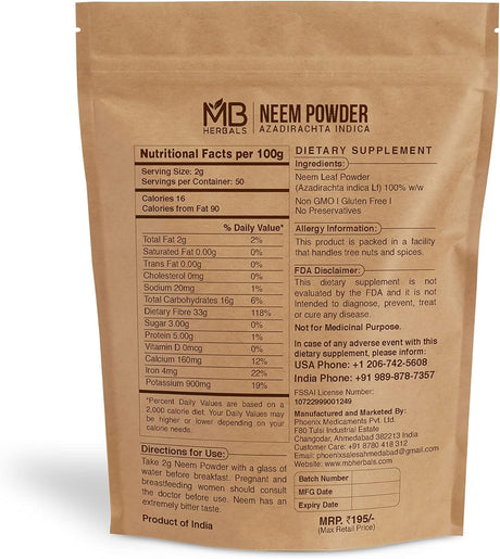 Suplemento Polvo puro de hoja de neem de 3.53 oz/3.5 onzas