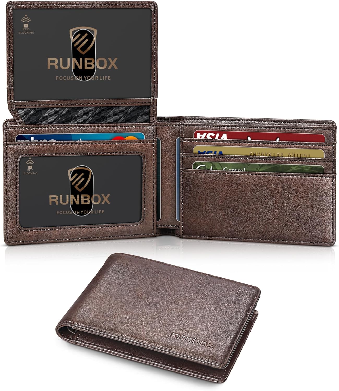 Billetera RUNBOX para Hombre Slim RFID, 2 Ventanas ID, Regalo