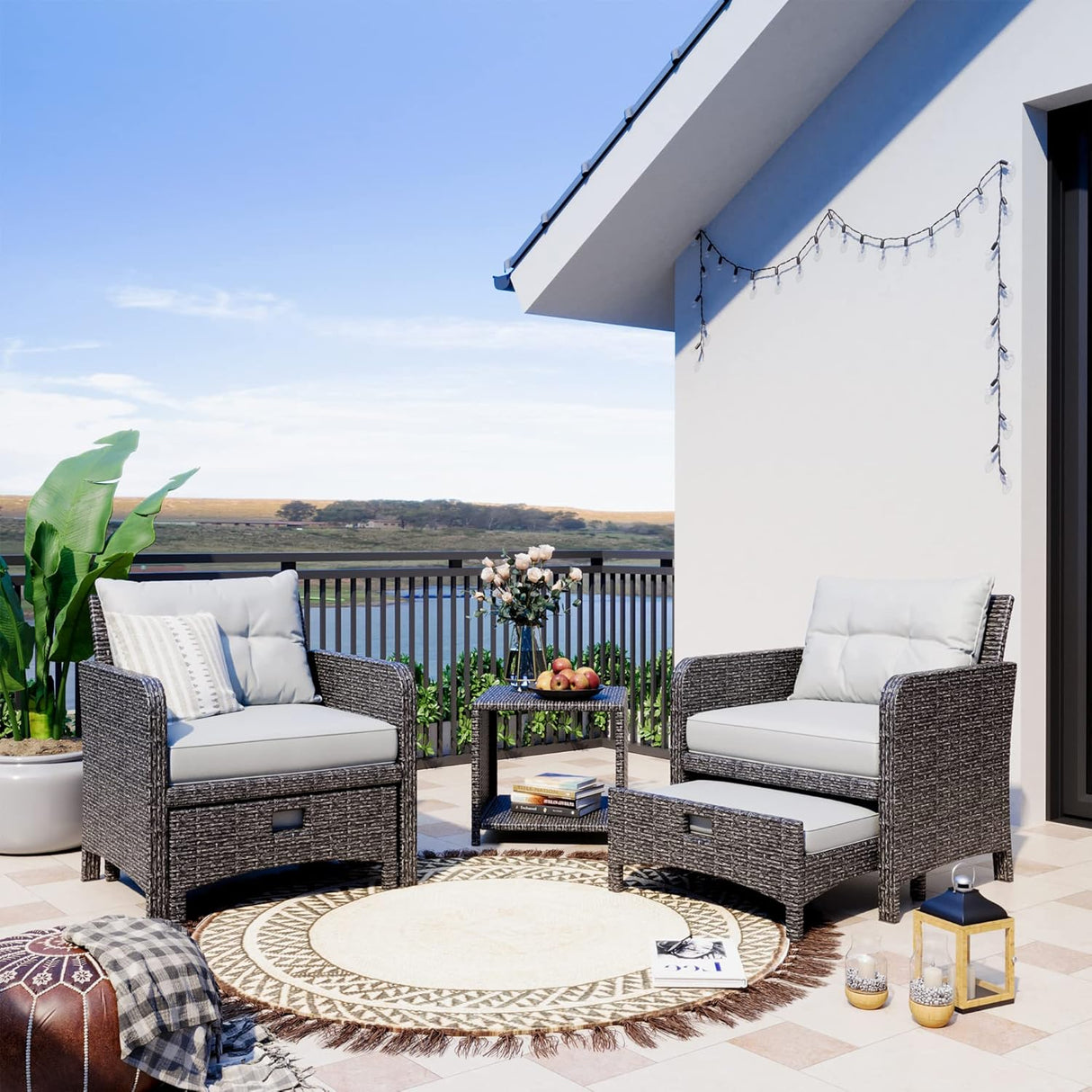 Pamapic Juego de 5 muebles de mimbre para patio, sillas de patio al aire libre con otomanas, muebles de conversación con mesa auxiliar para jardín junto a la piscina, balcón (cojín gris + ratán gris)