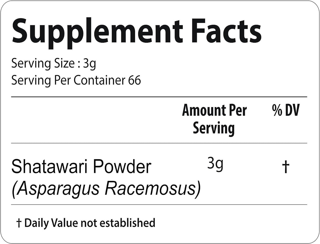 Shatavari Polvo (espárragos racemosus) | Tónico natural para la salud de las mujeres | Suplemento de hierbas para mujeres | (7 onzas) | Tónico uterino | Promueve la fuerza | Sin OMG | Sin gluten