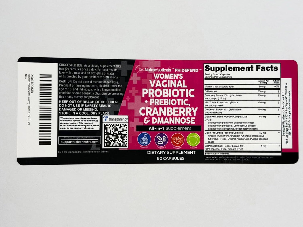 Probioticos Vaginales Clean Nutraceuticals, 60 Cápsulas