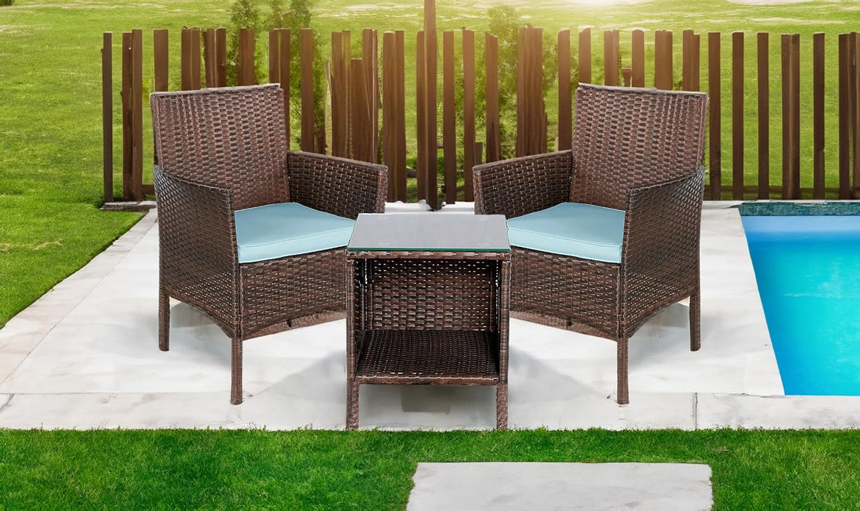 BTEXPERT Juego de 3 piezas de mimbre para exteriores, ahorro de espacio, para jardín, patio, porche, muebles de ratán PE, dos sillas, cojines, mesa de almacenamiento lateral marrón/azul aguamarina