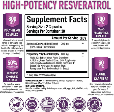 Suplemento de resveratrol premium de 1500 mg Fuerza máxima