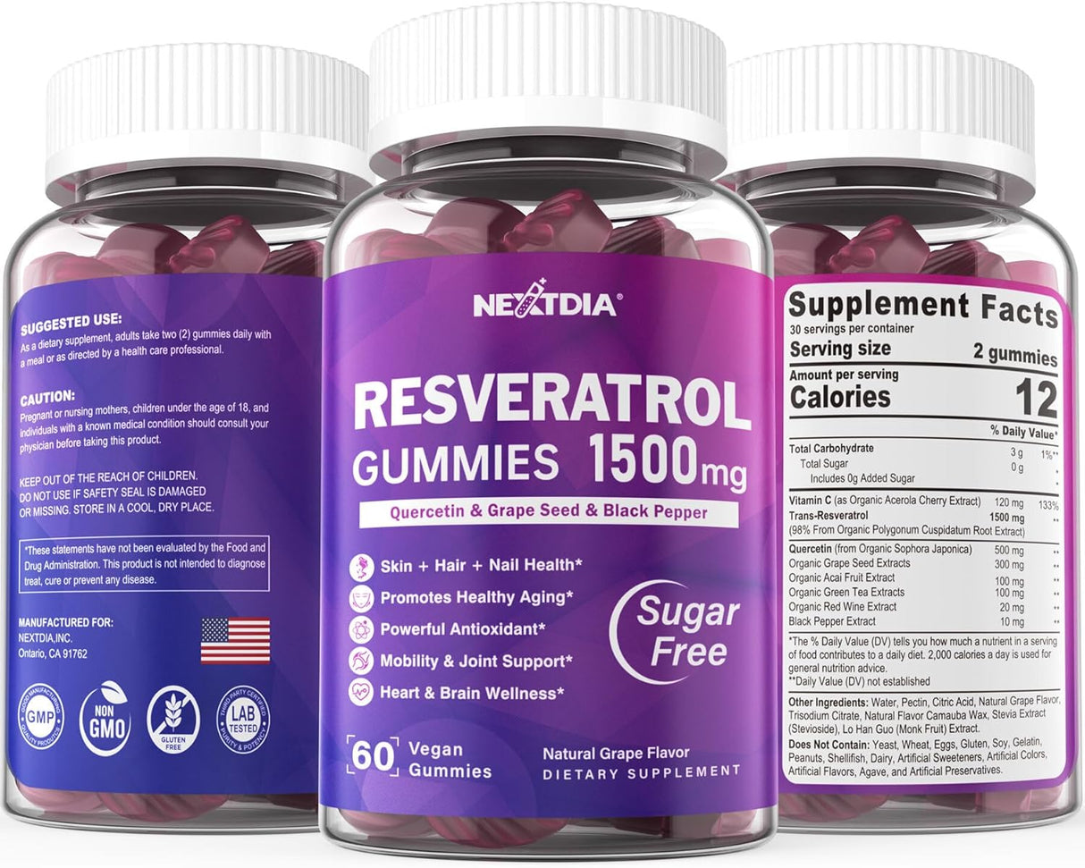 Suplemento Gomitas de resveratrol de 1500 mg  sin azúcar con quercetina