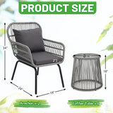 Wildformers Juego de 3 piezas de mimbre de mimbre, juego de conversación al aire libre, juego de muebles de mimbre con mesa superior de cristal, ahorro de espacio para balcón, patio trasero, gris