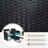 Goplus Juego de muebles de ratán para patio, 4 piezas, sofá y mesa de mimbre para exteriores con cojines suaves y mesa de centro de vidrio templado para balcón, jardín, patio trasero (turquesa)