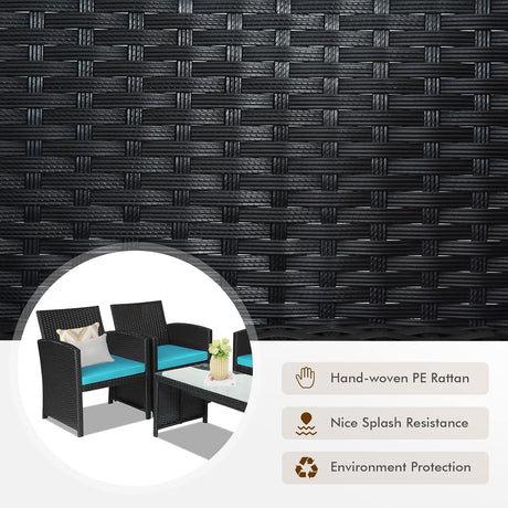 Goplus Juego de muebles de ratán para patio, 4 piezas, sofá y mesa de mimbre para exteriores con cojines suaves y mesa de centro de vidrio templado para balcón, jardín, patio trasero (turquesa)
