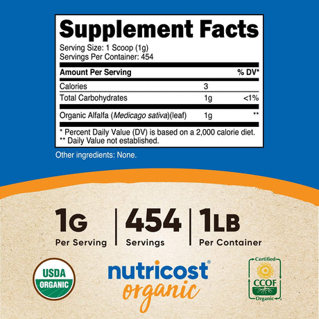 Suplemento Polvo de Alfalfa orgánico 1LB orgánico vegano
