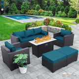 Muebles de patio para exteriores, 60000 BTU, juego de mesa para fogata de propano para exteriores, juego de muebles de patio de 45 pulgadas, 6 piezas, sofá de patio, sillas de exterior, cojines antideslizantes, fundas impermeables, color azul pavo real